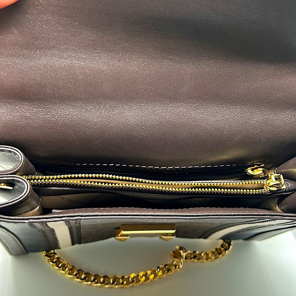 Michael Kors Authentic MK Logo Brown Leather Crossbody Purse Bag With Gold Chain - Picture 6 of 6